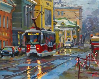 Red tram on the Bauman street