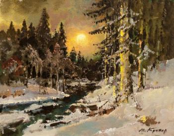 Sunset in the winter forest. Kremer Mark