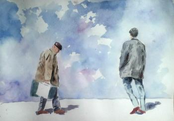 Two strange men and white sand