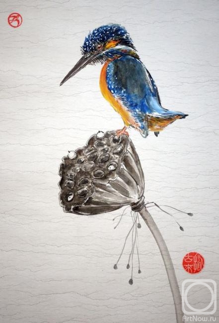 Mishukov Nikolay. Kingfisher on a dried lotus