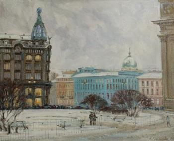Square near Kazan cathedral, view at singer's house. snow, february (Singer S House). Kanashova Natalya