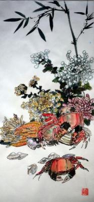 Still life with crabs and chrysanthemums (). Mishukov Nikolay