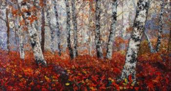Scarlet autumn in birch grove