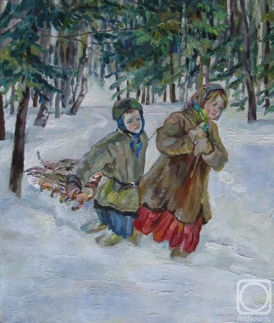 Kruglova Irina. Carrying wood on the snow. Copy of the picture of Nikolay Bogdanovo-Belsky