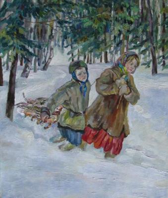Carrying wood on the snow. Copy of the picture of Nikolay Bogdanovo-Belsky