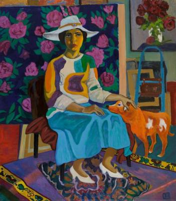 A lady with a red dog