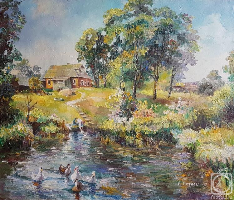 Kruglova Irina. Geese on the pond in the village