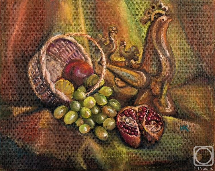 Kambarova Irina. Naturmorte, Fruits, and a hen out of clay