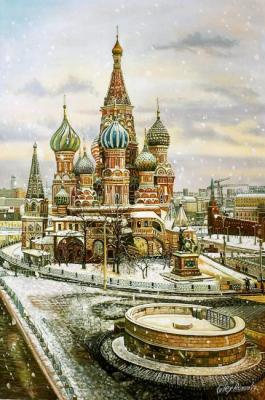 Brick lace of Moscow. Snowy view of St. Basil's Cathedral
