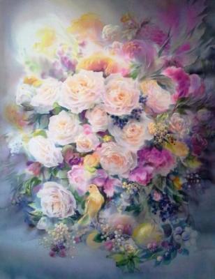 Still life based on Victorian bouquets with white roses and a canary. Godich Marina