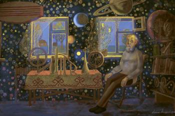 Space Workshop (The left part of the diptych) "Tsiolkovsky's Worlds" (). Akindinov Alexey