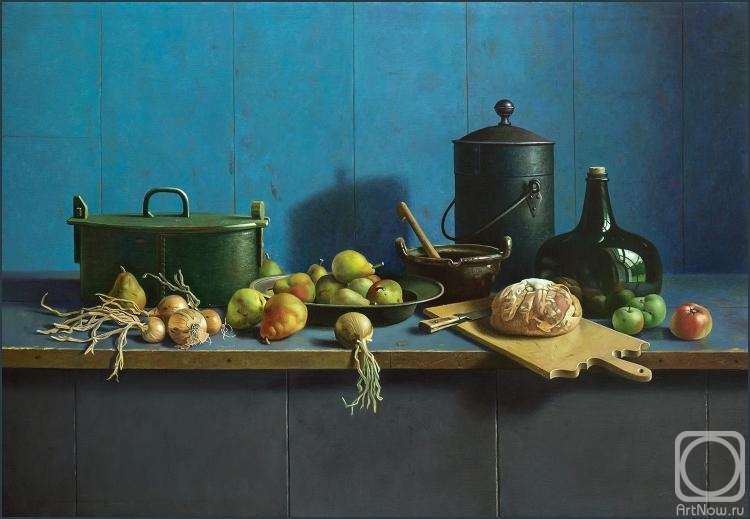 Elokhin Pavel. Still Life with fruit and bread on a blue background