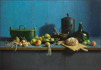 Still Life with fruit and bread on a blue background. Elokhin Pavel