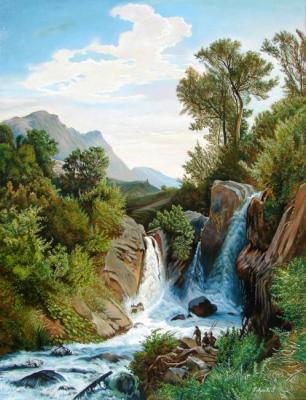 Landscape with a waterfall (based on the painting by August Frederick Kessler). Kabatova Nadya