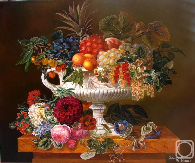 Kabatova Nadya. Still life with fruit in a white vase (by Jensen Johann Lorenz)