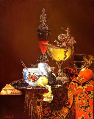 Still life with a cup in the form of a nautilus (based on the work of Willem Kalf). Kabatova Nadya
