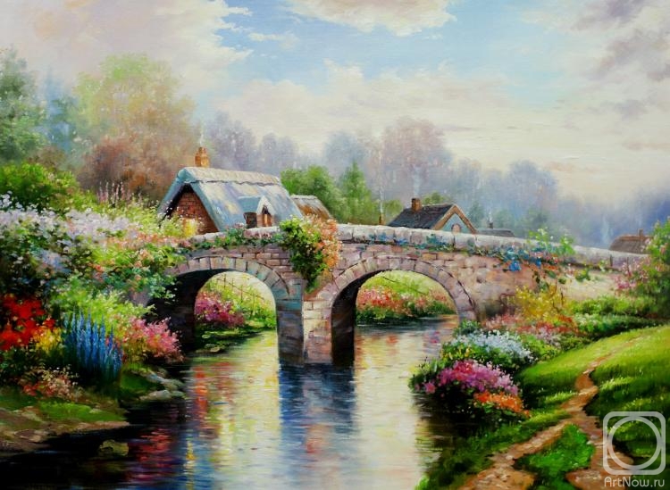 Romm Alexandr. Copy of Thomas Kinkade's painting. The Bridge in Flowers (Blossom Bridge)