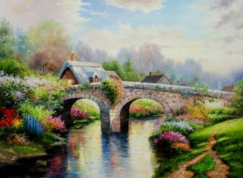 Copy of Thomas Kinkade's painting. The Bridge in Flowers (Blossom Bridge). Romm Alexandr