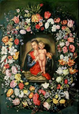 Madonna and Child in a flower garland (copy Ya.Breygel) (Craquelure). Minaev Sergey