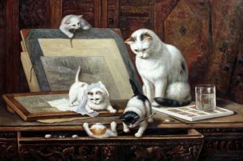A copy of Henrietta Ronner-Knip's oil painting "Drawing Kittens", hud.S. Kamsky