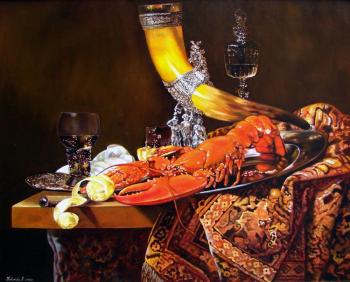 Still life with the horn of the guild of shooters of St. Sebastian, lobster and glasses. Kabatova Nadya