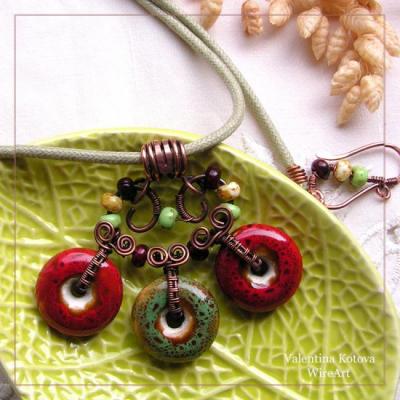 Boho copper pendant with ceramic beads and Czech glass