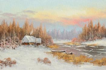 Winter sketch, boats at the shore. Lyamin Nikolay
