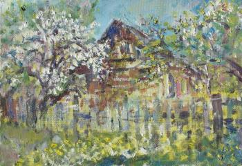Old house, flowering garden, dandelions in the grass. Sechko Xenia