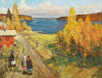 Painting Warm autumn over the Lake. Kremer Mark