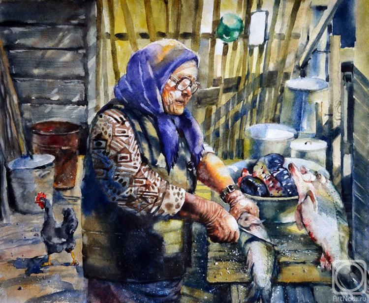 Ivanova Olga. Grandma is cleaning fish