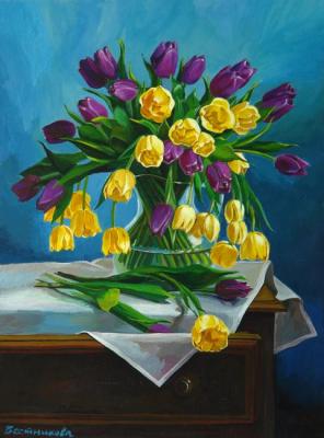 Tulips on a blue background. Vestnikova Ekaterina