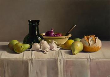 Still life with red onion and bread