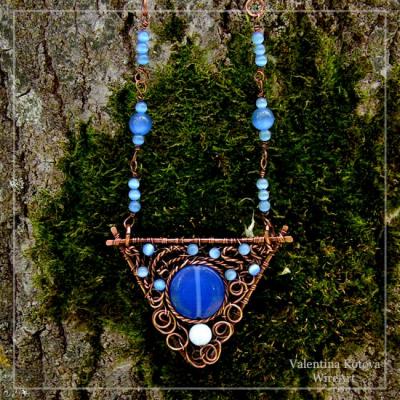 Copper pendant with cat's eye beads and blue chalcedony