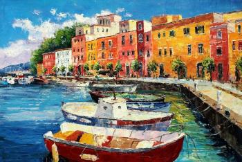 Mediterranean city. Boats at the waterfront (Gift For Parents). Vevers Christina
