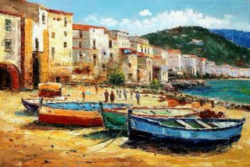 Mediterranean city. Boats on the beach. Vevers Christina