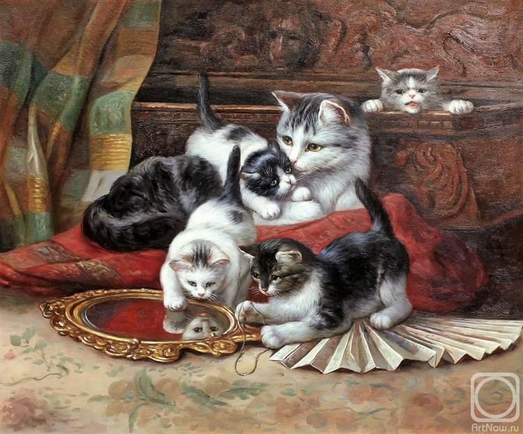 Kamskij Savelij. A copy of Henrietta Ronner-Knip's oil painting. Kittens playing with a fan