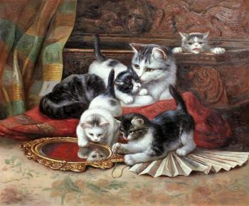 A copy of Henrietta Ronner-Knip's oil painting. Kittens playing with a fan