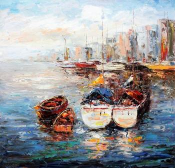 Fishing boats on the background of the city. Vevers Christina