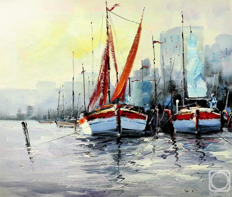 Vevers Christina. Boats against the background of the city. White and red