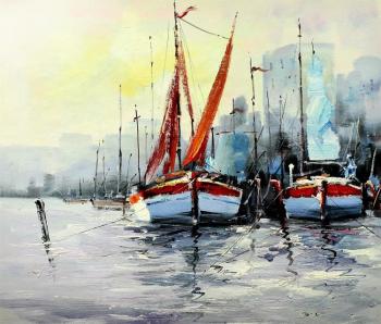 Boats against the background of the city. White and red. Vevers Christina