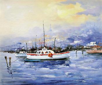 Boats against the background of the city. White and red N2. Vevers Christina
