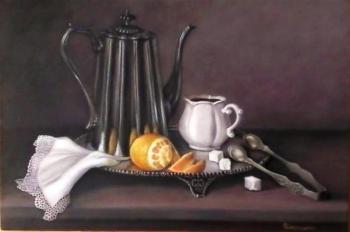 Still life with coffee pot, white cup and lemon. Bobrisheva Julia
