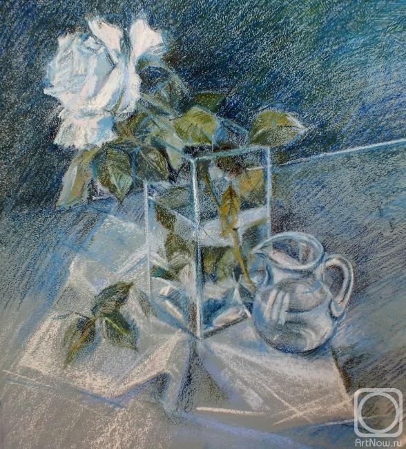 Odnolko Natalia. White rose, jug, glass vase, watercolor