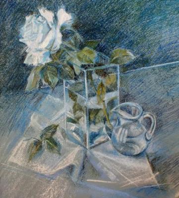 White rose, jug, glass vase, watercolor