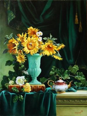 Sunflowers in a jade vase