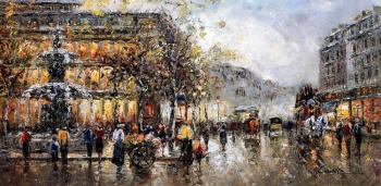 Landscape of Paris by Antoine Blanchard's Place du Palais Royale et Comedie Francaise