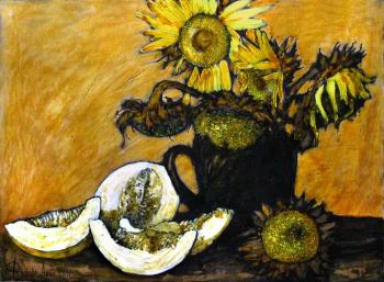 Still life with sunflowers and pumpkin