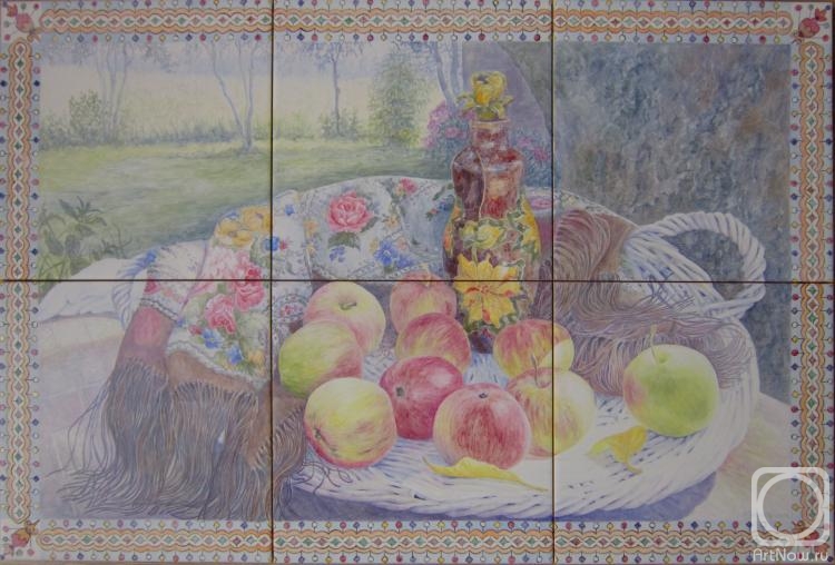 Yakimets Olga. Still life with apples and Pavlopasad scarf