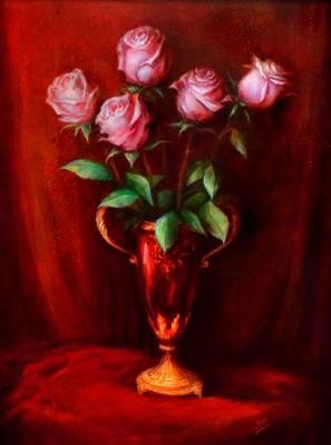 Pink roses in a red vase