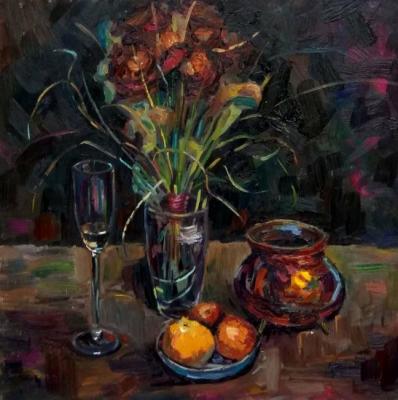 Still life. While the rain (Flowers In A Copper Vase). Silaeva Nina